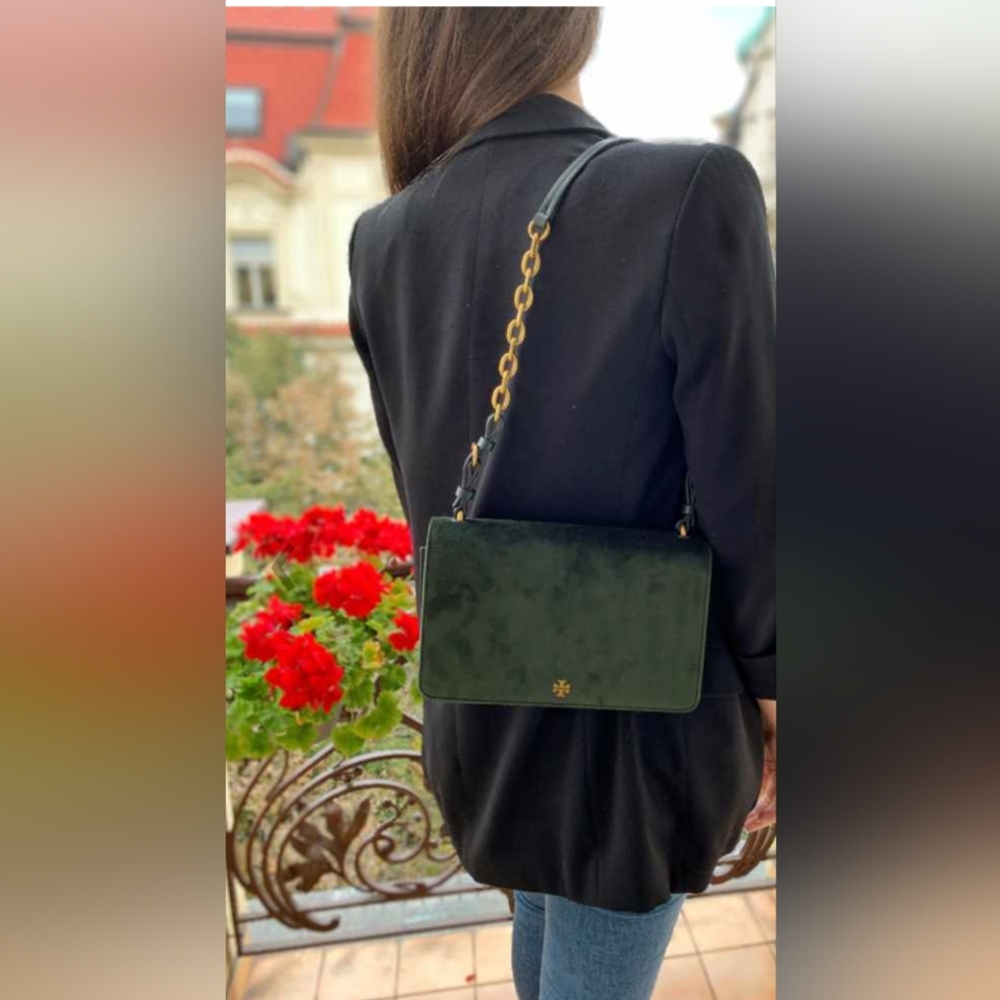 Tory Burch Banana Leaf Green Velvet Bag and Green Velvet Sandals - Picture 13 of 15